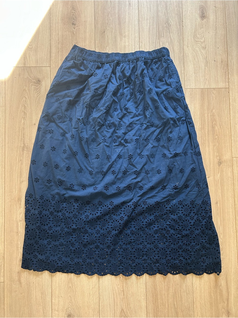 LOFT Navy Eyelet Midi Skirt with Scalloped Hem